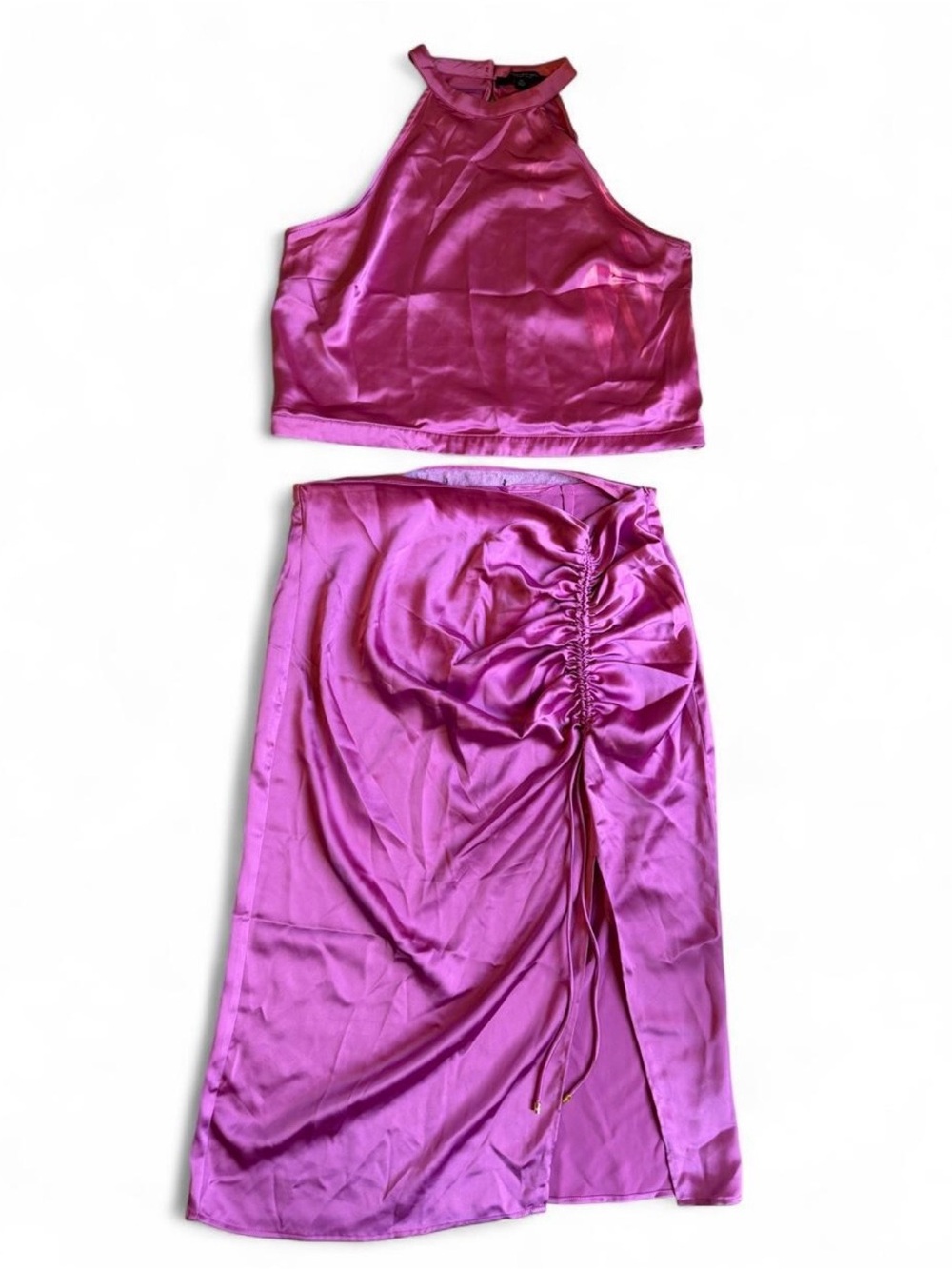 Marc New York Satin Ruched High-Slit Skirt and Halter Top in Magenta XL Chic